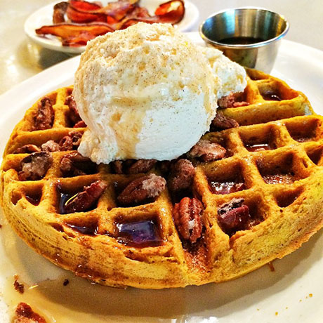 waffle with wipped cream and pecans